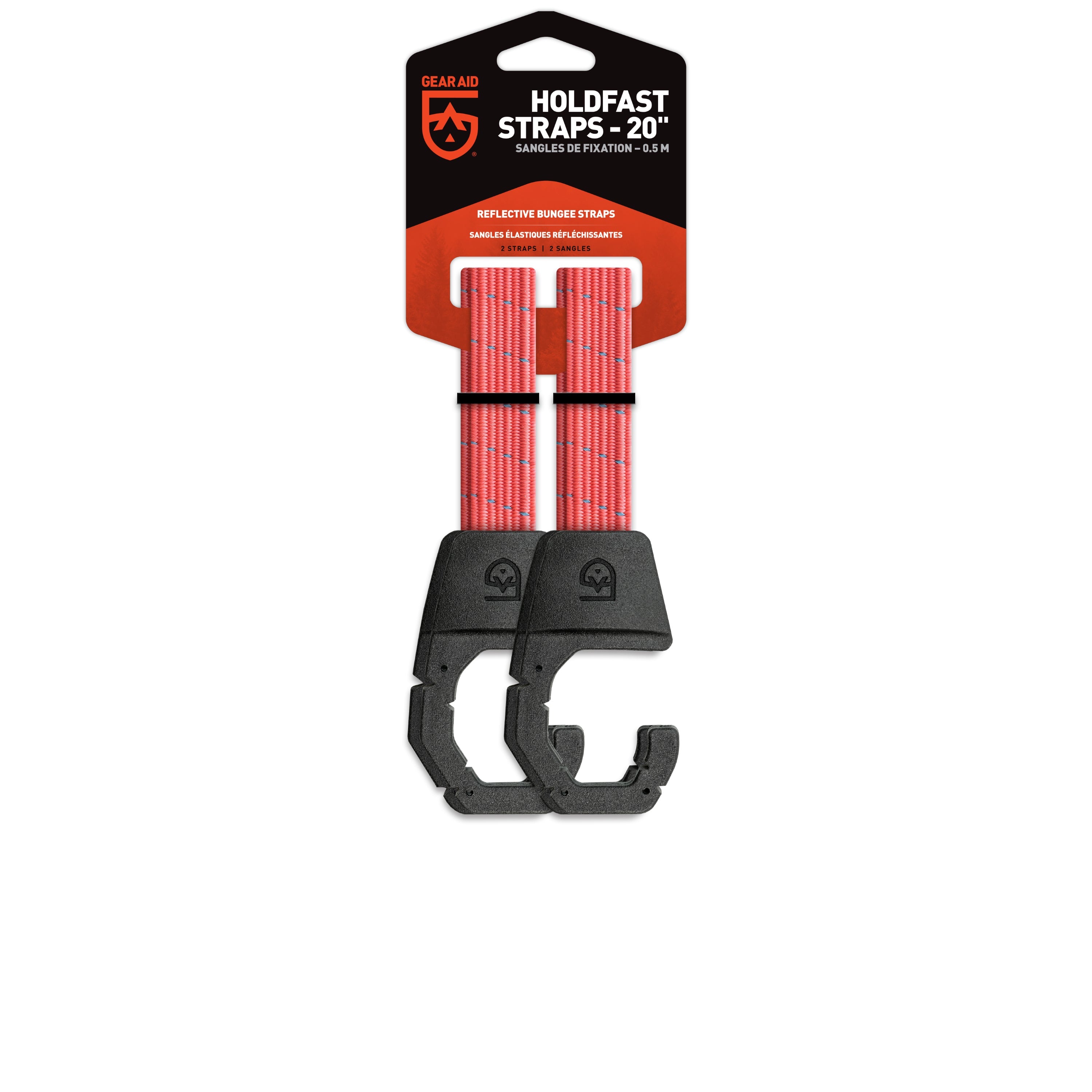 Two red Holdfast Straps with black over-molded steel hooks, packaged for retail sale.