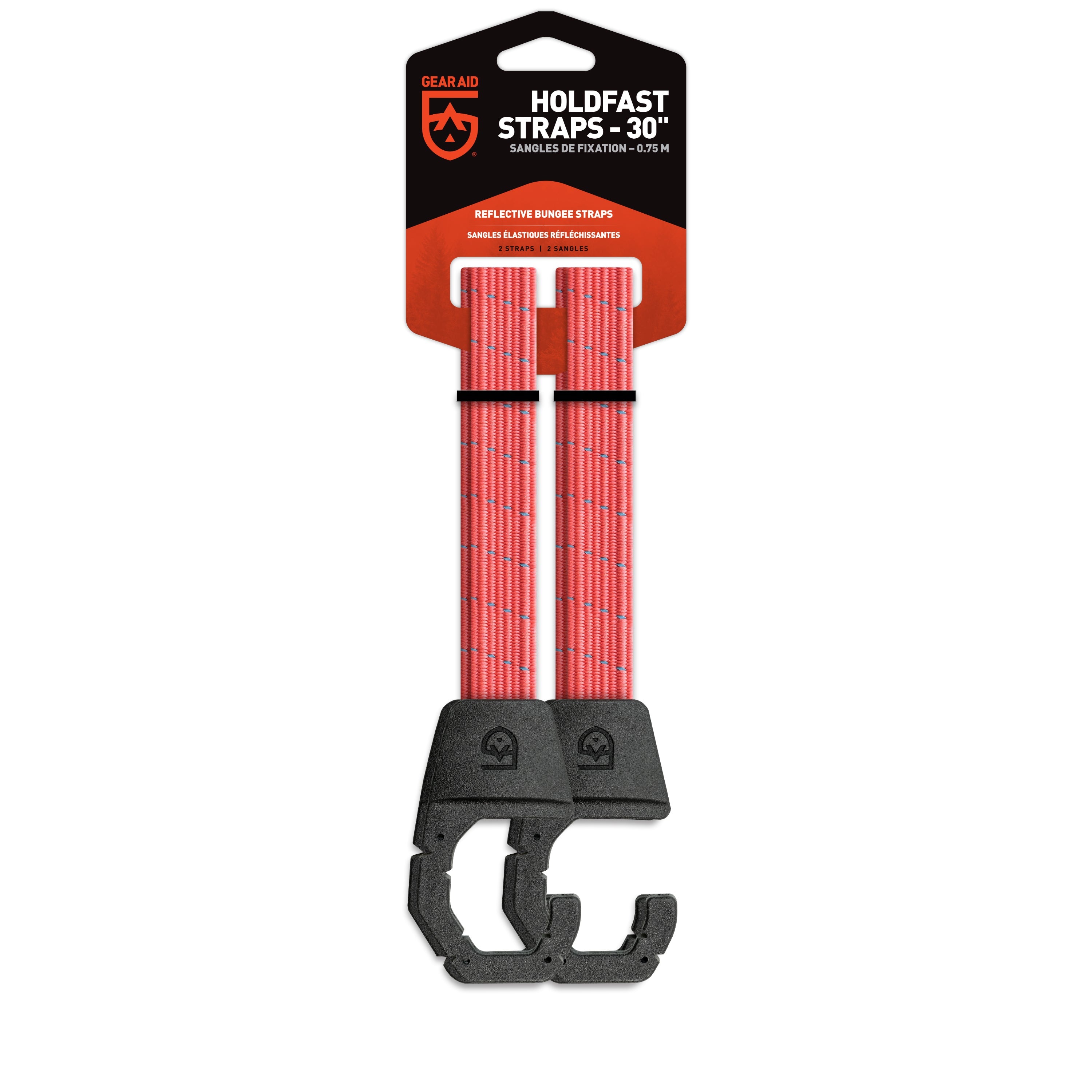 Two red Holdfast Straps with black over-molded steel hooks, packaged for retail sale.