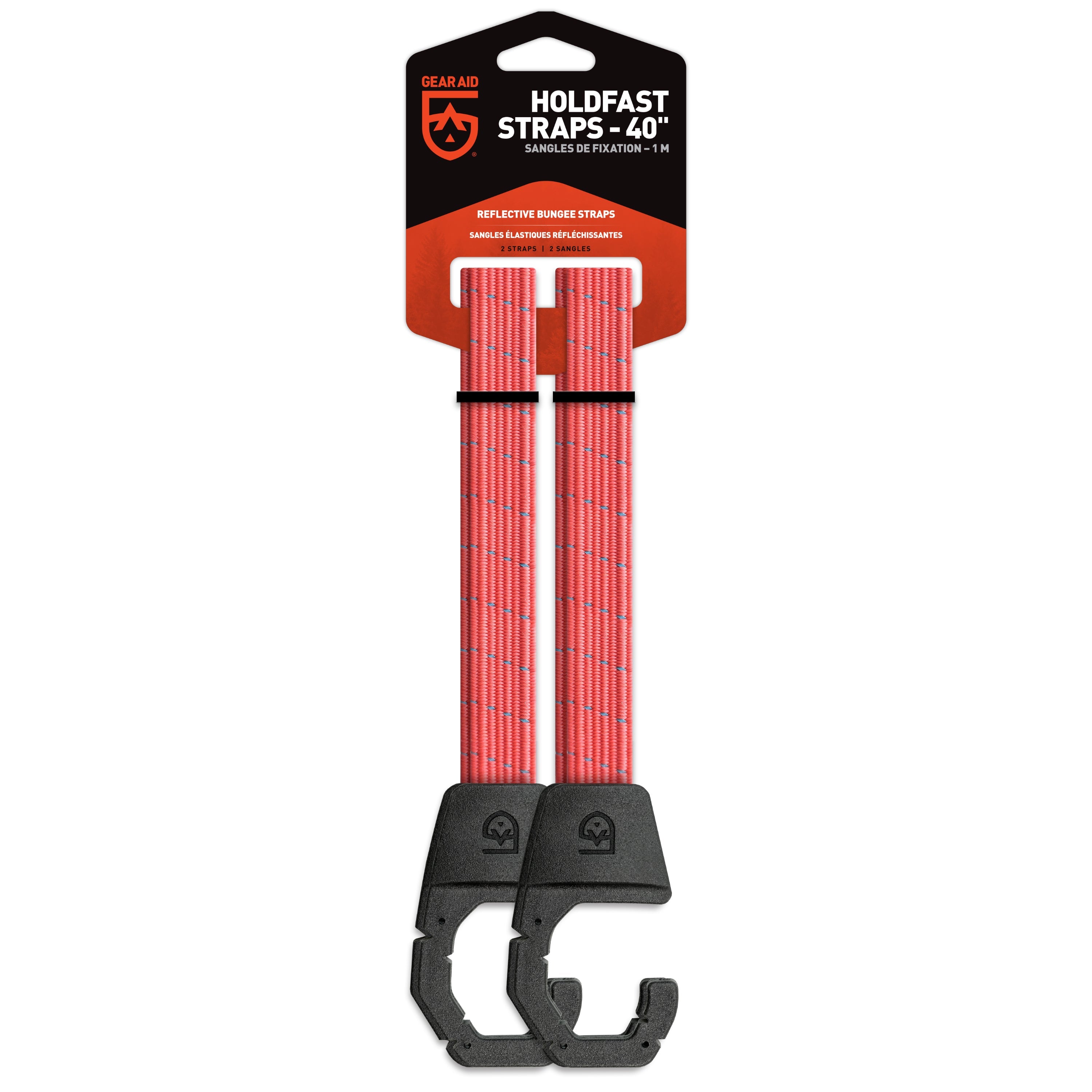 Two red Holdfast Straps with black over-molded steel hooks, packaged for retail sale.