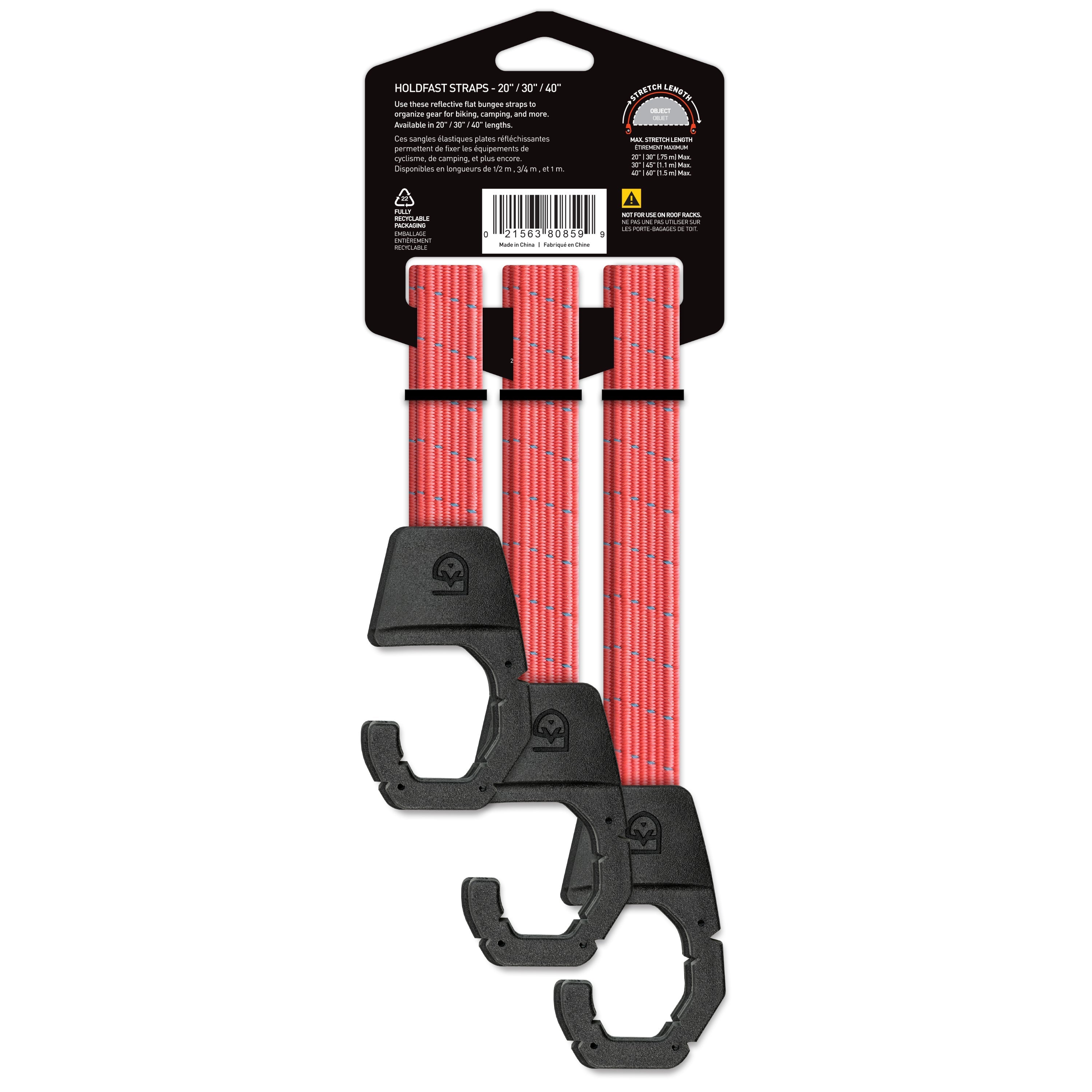 Back of packaging for three Holdfast Straps in various sizes on white background