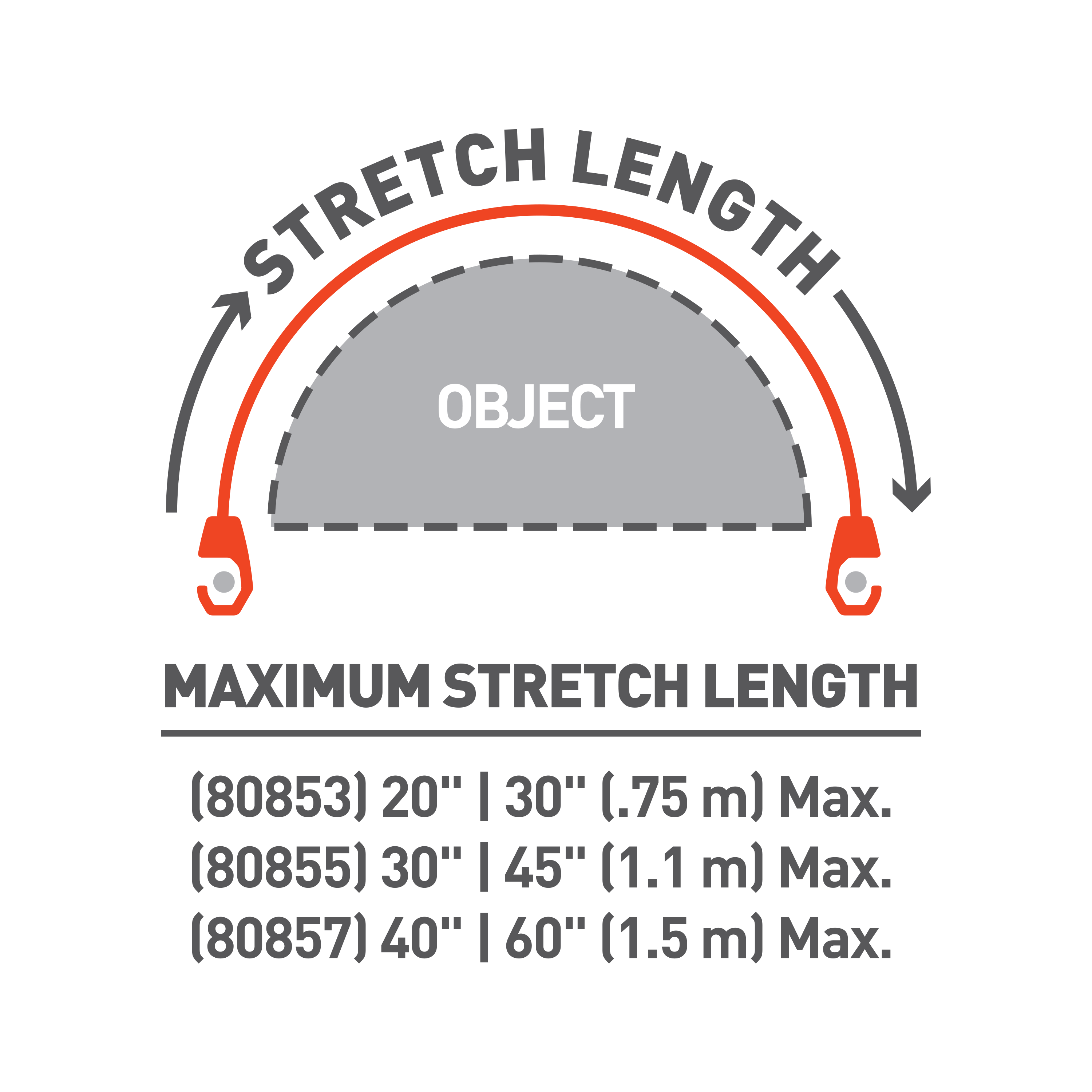 Graphic stretch length display for Holdfast Straps, that reads: Maximum Stretch Length (80853) 20" | 30" (.75m) Max. (80855) 30" | 45" (1.1 m) Max. (80857) 40" | 60" (1.5m) Max.
