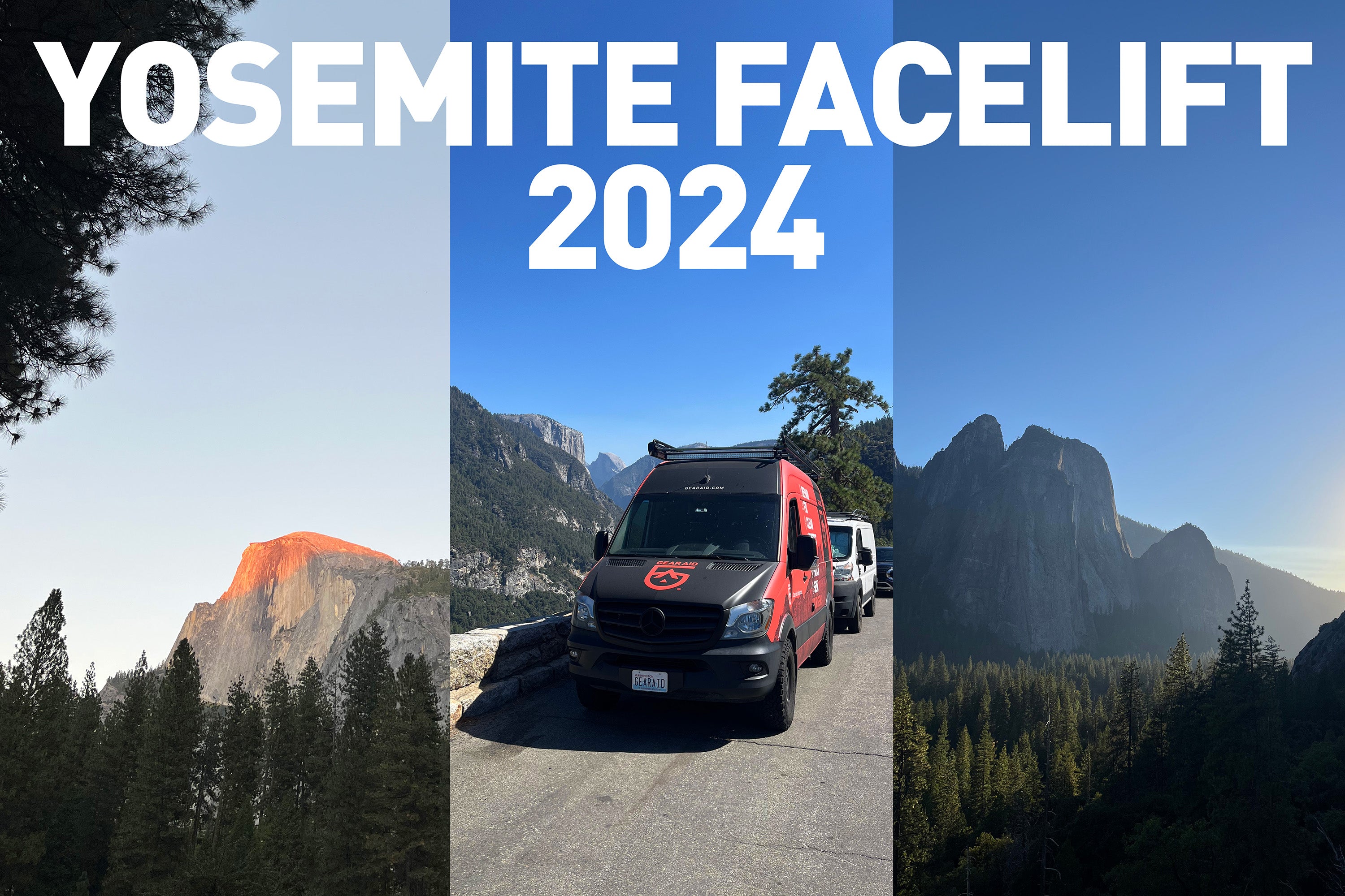 gear aid branded sprinter van with background of yosemite mountains and trees