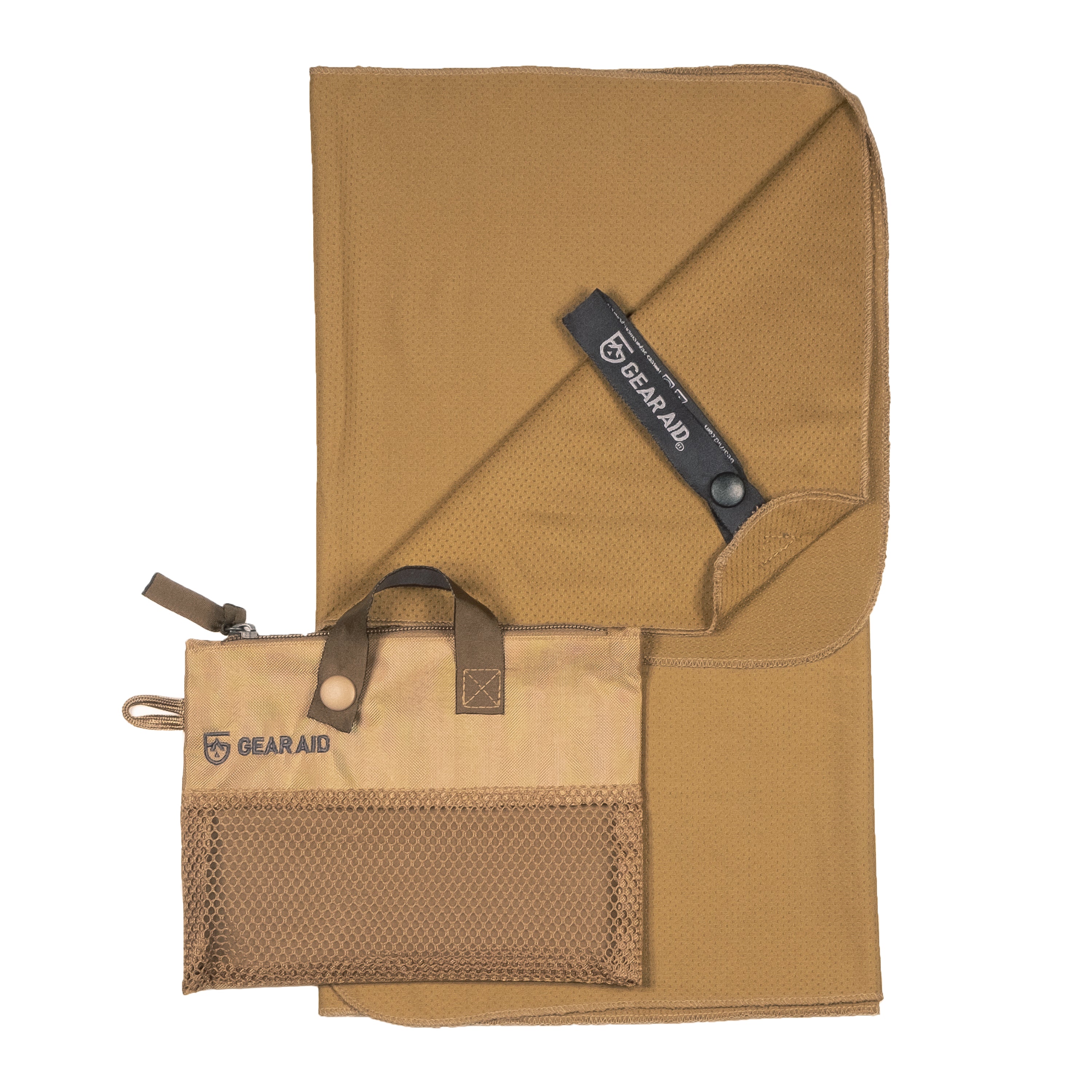 Cooling towel folded nicely and cooling towel mesh bag on a white background