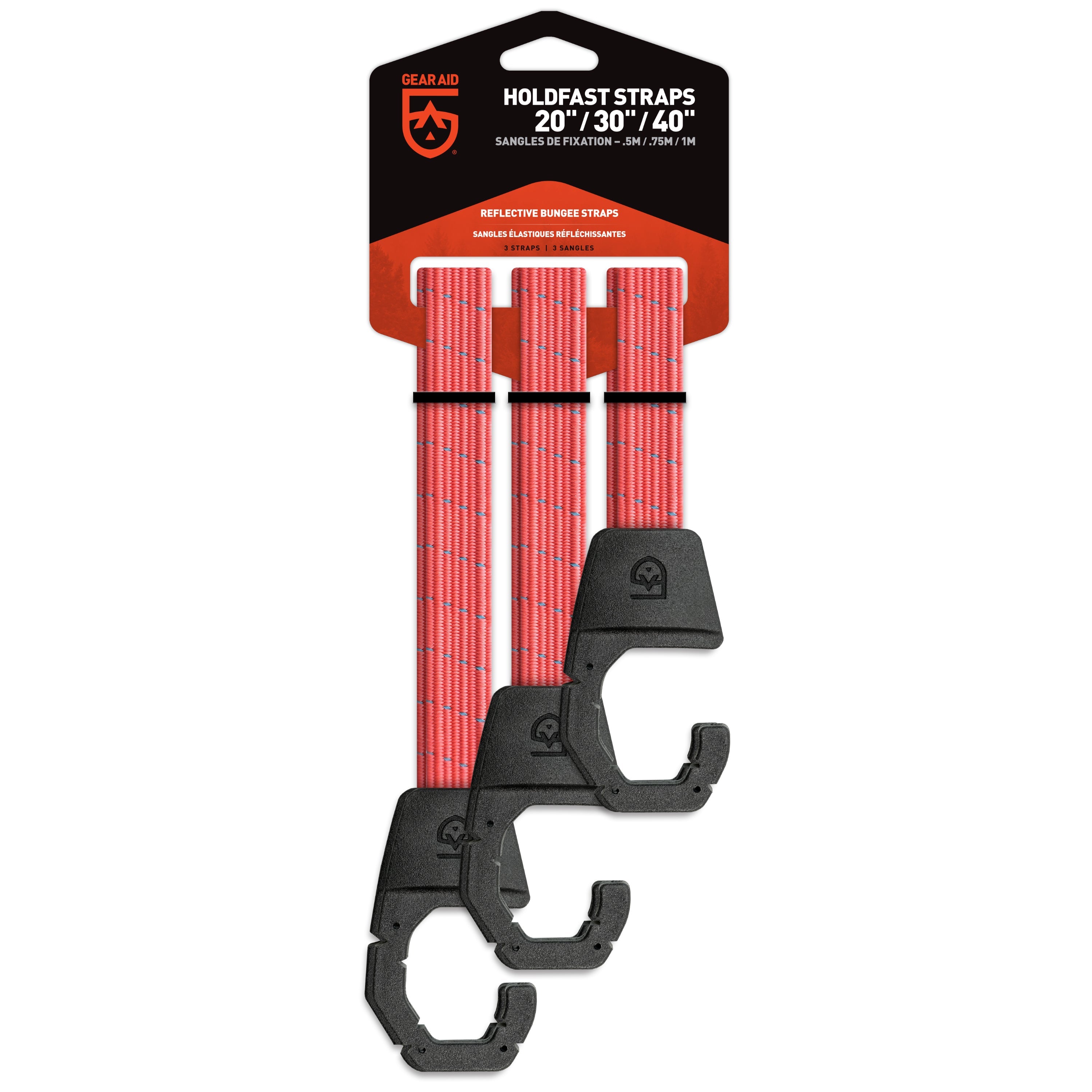 Three red Holdfast Straps in various sizes with black over-molded steel hooks, packaged for retail sale.